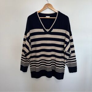 Unsubscribed 100% Cashmere Knit V-neck Sweater in Navy & Cream Stripe Size M